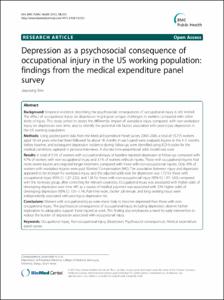 Depression as a psychosocial consequence of occupational injury in the US working population: findings from the medical expenditure panel
survey