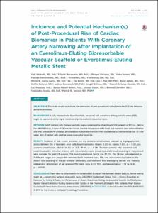 Incidence and Potential Mechanism(s) of Post-Procedural Rise of Cardiac Biomarker in Patients With Coronary Artery Narrowing After Implantation of an Everolimus-Eluting Bioresorbable Vascular Scaffold or Everolimus-Eluting Metallic Stent