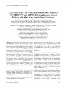 Association of the 5,10-Methylenetetrahydrofolate Reductase (MTHFR C677T and A1298C) Polymorphisms in Korean Patients with Adult Acute Lymphoblastic Leukemia