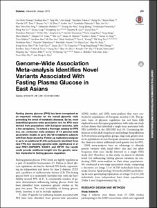 Genome-Wide Association
Meta-analysis Identifies Novel
Variants Associated With
Fasting Plasma Glucose in
East Asians