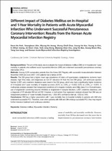Different Impact of Diabetes Mellitus on In-hospital and 1-Year Mortality in Patients with Acute Myocardial Infarction Who Underwent Successful Percutaneous Coronary Intervention: Results from the Korean Acute Myocardial Infarction Registry
