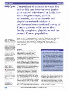 Comparison of attitudes towards five end-of-life care interventions (active pain control, withdrawal of futile lifesustaining treatment, passive euthanasia, active euthanasia and physician-assisted suicide): a multicentred cross-sectional survey of Korean patients with cancer, their family caregivers, physicians and the general Korean population