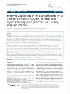 Improved application of the electrophoretic tissue
clearing technology, CLARITY, to intact solid
organs including brain, pancreas, liver, kidney,
lung, and intestine